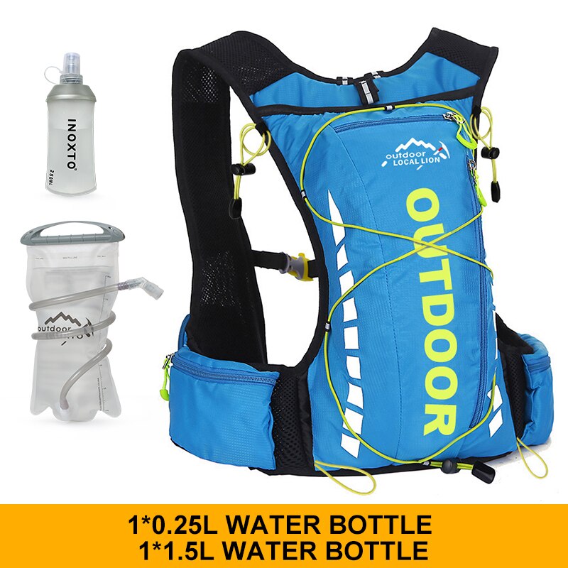 Cycling backpack for men and women, nylon bag, waterproof 8 liters, hiking and camping, 250ml water bottle with 1.5L water bag: blue 1.5L250
