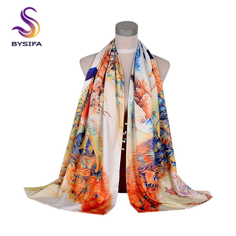 [bysifa] herfst winter lange sjaals omslagdoeken dames rozen halssjaal dubbelzijdige knopen sjaals omslagdoeken 175*50cm: Beige pauw