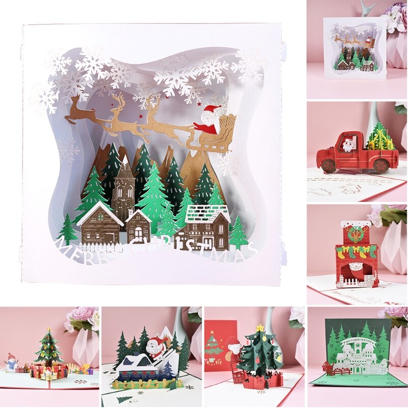 3D Pop-up Christmas Tree Santa Greeting Card Xmas Year Postcards Invitations GXMA