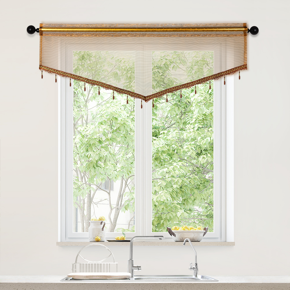 1Pc Pure Kleur Gordijn Valance Met Kralen, Staafzak, Modern Nieuw Valance Voor Woonkamer, Transparante Dunne Doorschijnende Valance: Bruin