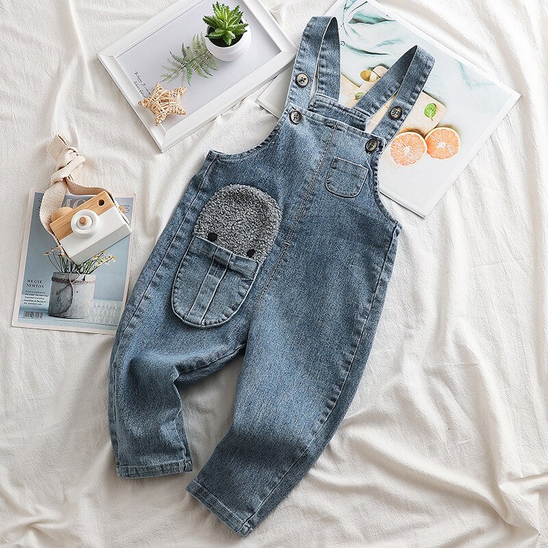 Peuter kinderen overall herfst casual losse baby denim broek cartoon zak effen jumpsuit jeans voor meisjes jongens kinderkleding: Blauw / 12m