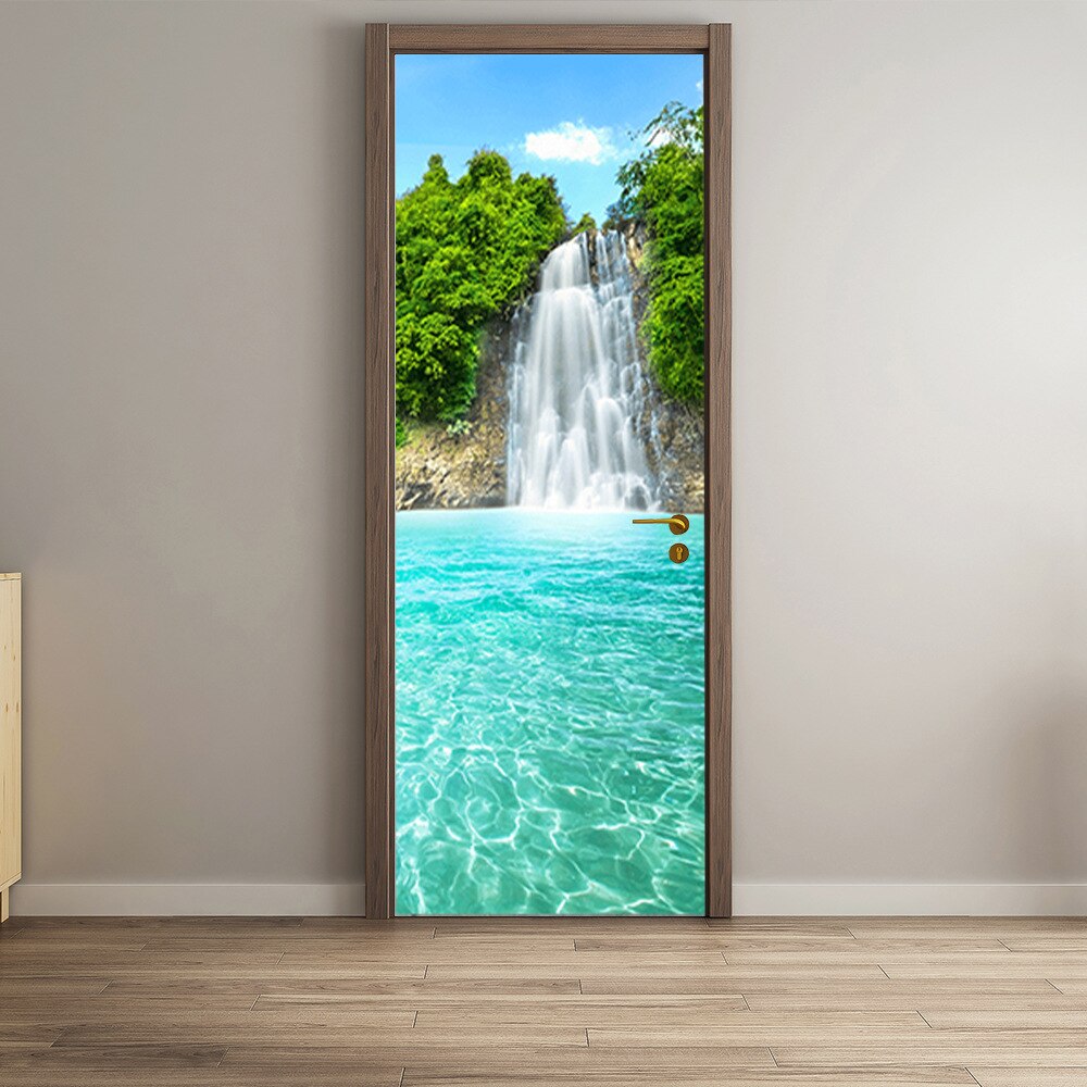 3D Waterfall Self Adhesive Door Sticker PVC Waterproof Decoration Photo Wallpaper Removable Wall Decal Living Room Bedroom Mural