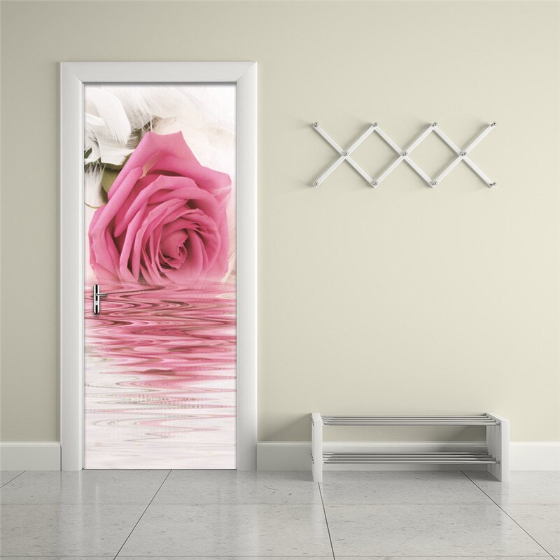 Living Room Pink Rose Flower Door Sticker PVC Waterproof Self-adhesive Bedroom Bathroom Door Mural Poster Wall Papers Home Decor