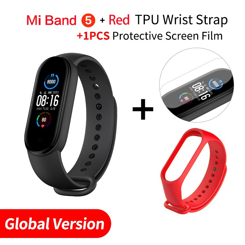 Global Version Xiaomi Mi Band 5 Smart Bracelet AMOLED Dynamic Color Display Bluetooth Sport Fitness Tracker Fitness Smartband: EN Add Red Strap