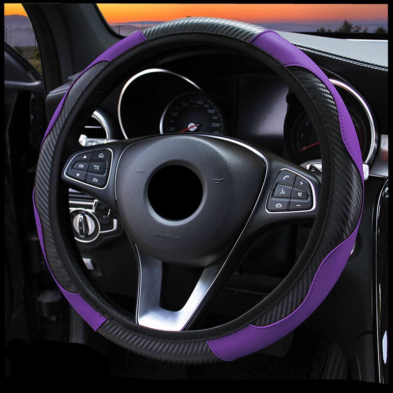 Auto Stuurwiel Carbon Fiber Lederen Universele Accesorios Para Autos Interieur Funda Volante Coche Anti Slip Decoratie: purple