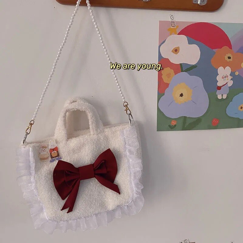 Japanischen y2k bogen frauen schulter tasche Harajuku Kawaii plüsch spitze eins neue leinwand Ulzzang perle kette frauen umhängetasche shpper tasche