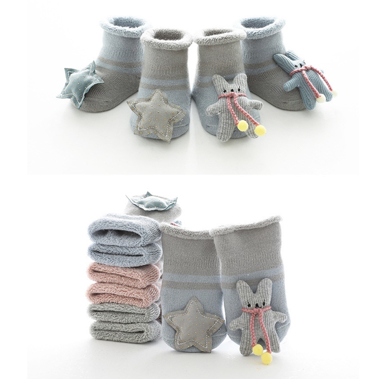 Chaussettes antidérapantes pour bébés, 2 paires, chaudes, en coton, douces et mignonnes, avec des animaux de dessin animé, pour garçons et filles,