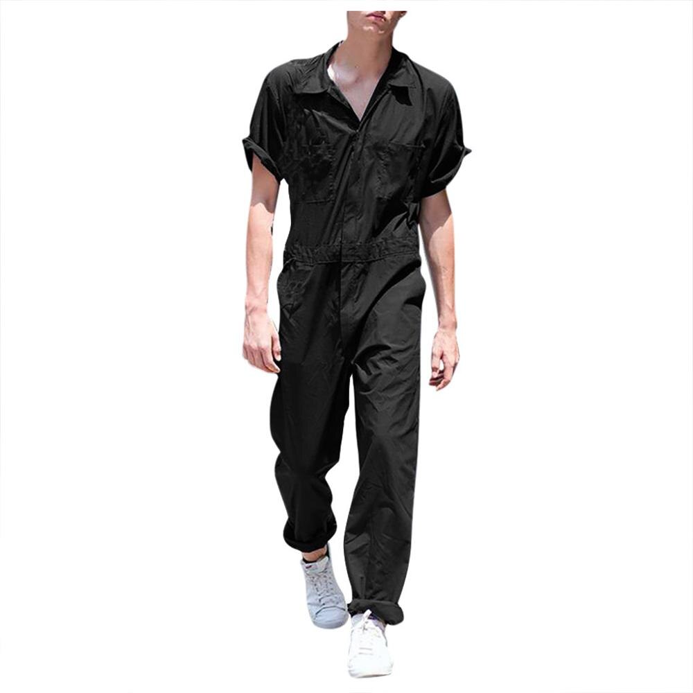 Dragkedjeoverall för män kavaj enfärgad jumpsuit kostym tunn kostym som andas byxbyxor sommar kortärmad fritids jumpsuit kläder: M / Svart