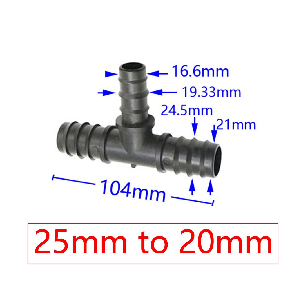 T-form 1 &quot;  to 3/4 &quot;  to 1/2 &quot; hageslange tee-kobling redusering vann splitter tee barb vannkobling for 25mm/20mm/16mm slanger 2pc: 25mm to 20mm