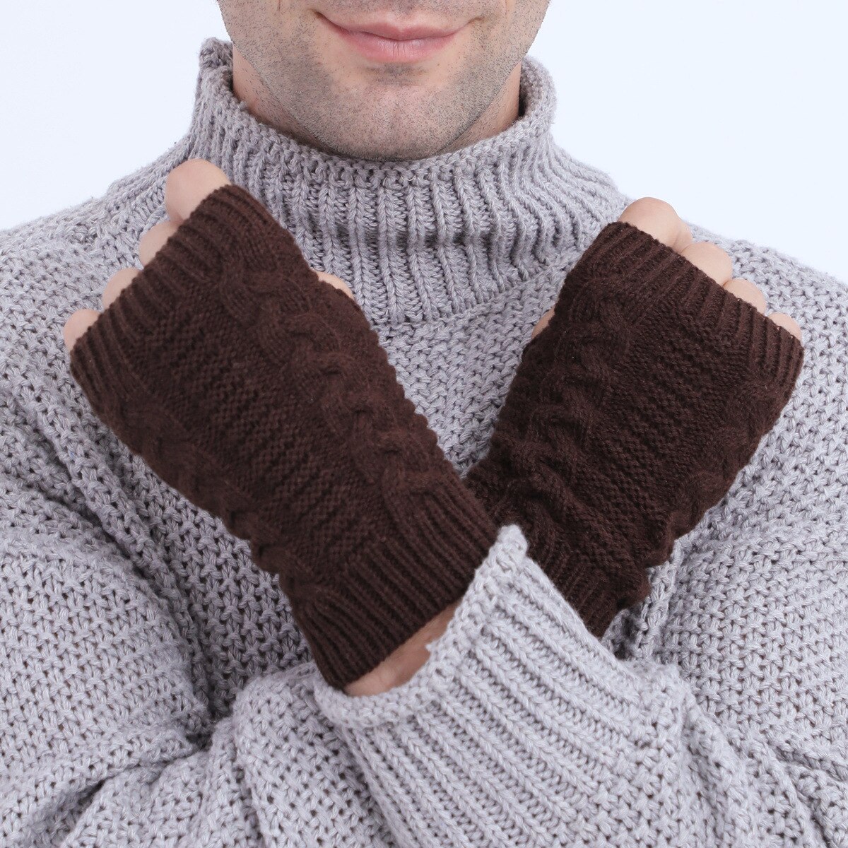 Gants sans doigts pour femmes, mitaines chaudes tricotées, extensibles, avec trou pour le pouce et les bras, hiver, noir, rouge et gris: Café