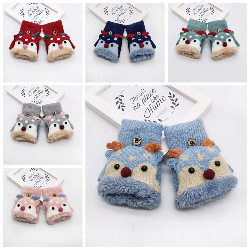 freundlicher Handschuhe freundlicher Baby Winter Strick Verdicken Nette Karikatur Hirsch Vielseitig Baumwolle halb-Finger Handschuhe Fäustlinge Warme 4-8Y Neue