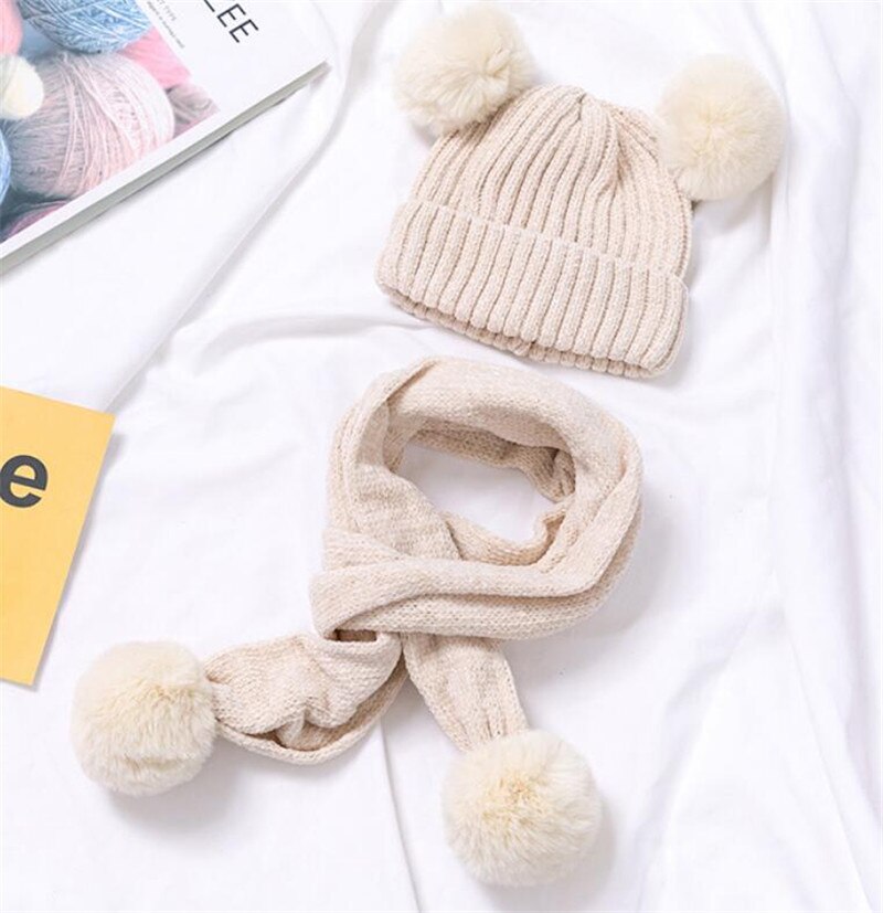 Enfants hiver chapeau et écharpe enfant côtelé tricoté chapeau 2 pièces ensemble bébé filles garçons oreille Protection casquette Pom Pom foulards 0-3T: Beige