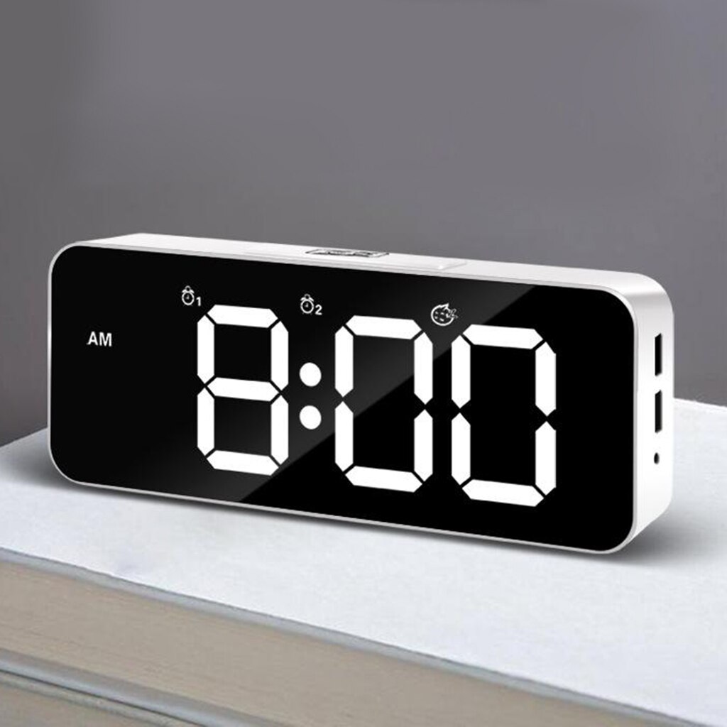 Digital Alarm Clock,Large LED Display with Dual USB Charger Ports ,Easy Snooze Function, Modern Mirror Desk Wall Clock: White