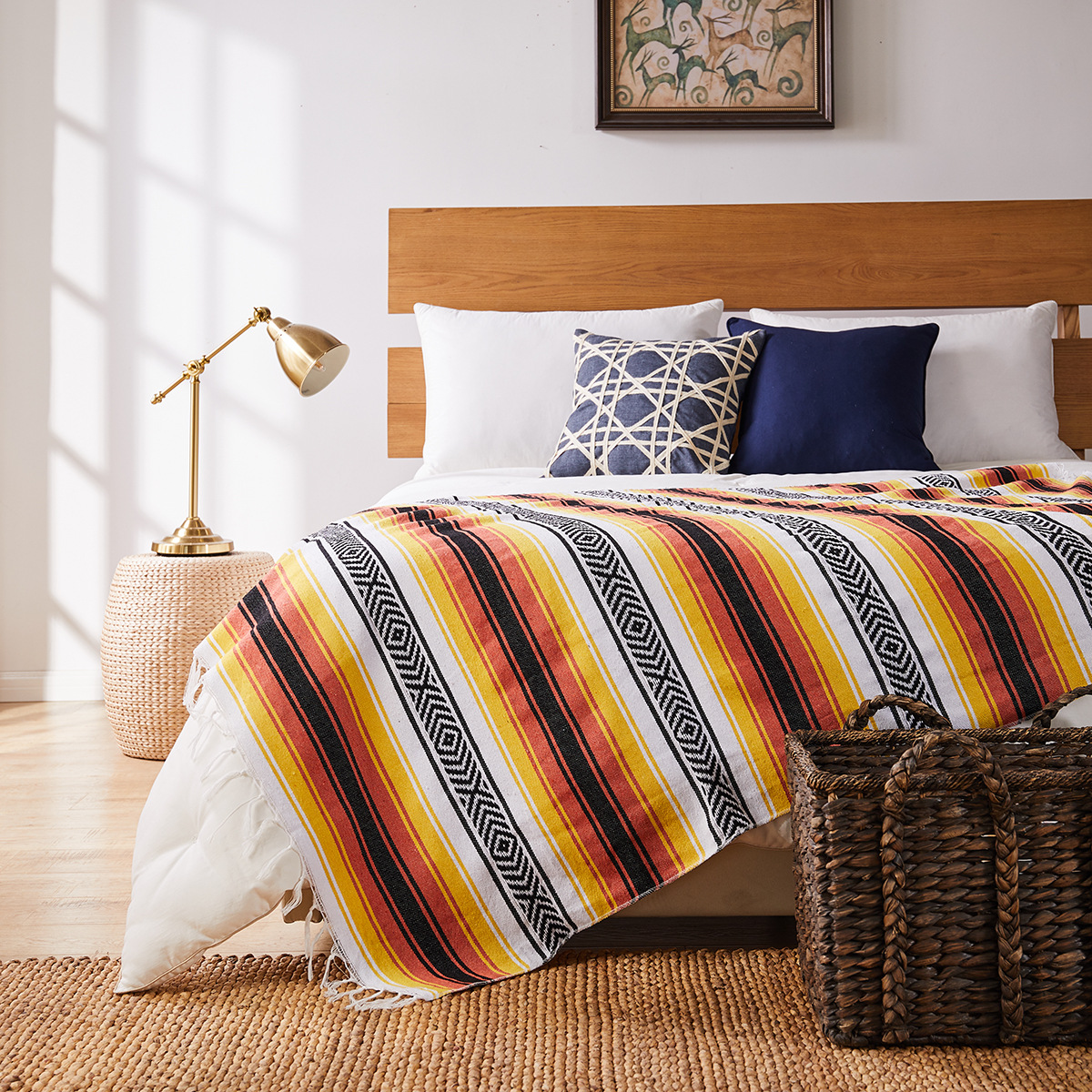 Couverture de plage de Style mexicain 130x170cm, serviette tissée à la main avec pompons, tapis pour canapé-lit, tapis de pique-nique à la maison, nappe rayée