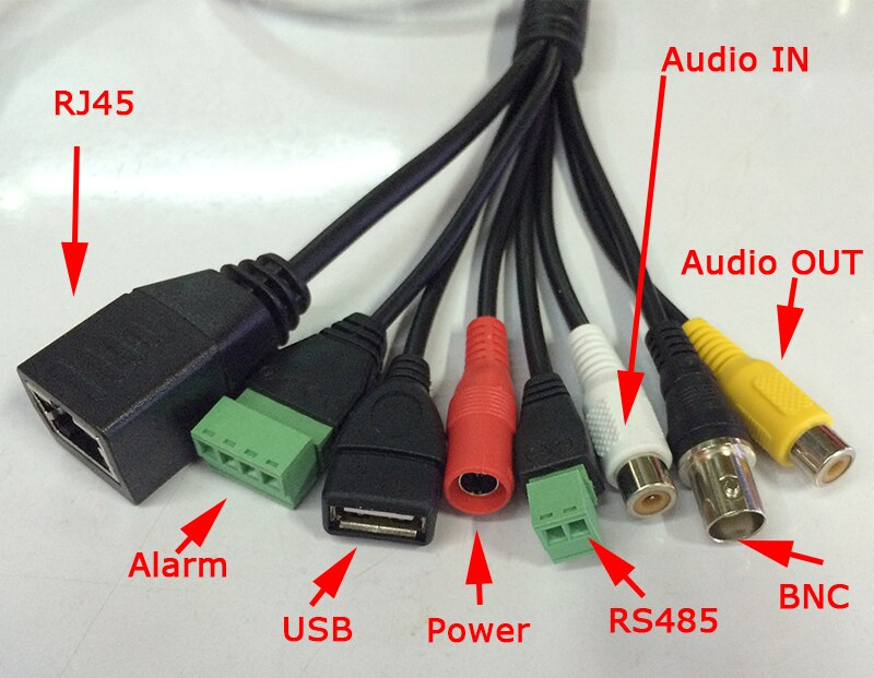 CCTV IP network Camera PCB Module video power cable met RJ45 + BNC + DC + USB + audio-ingang + audio-uitgang + RS485 + Alarm (UG)