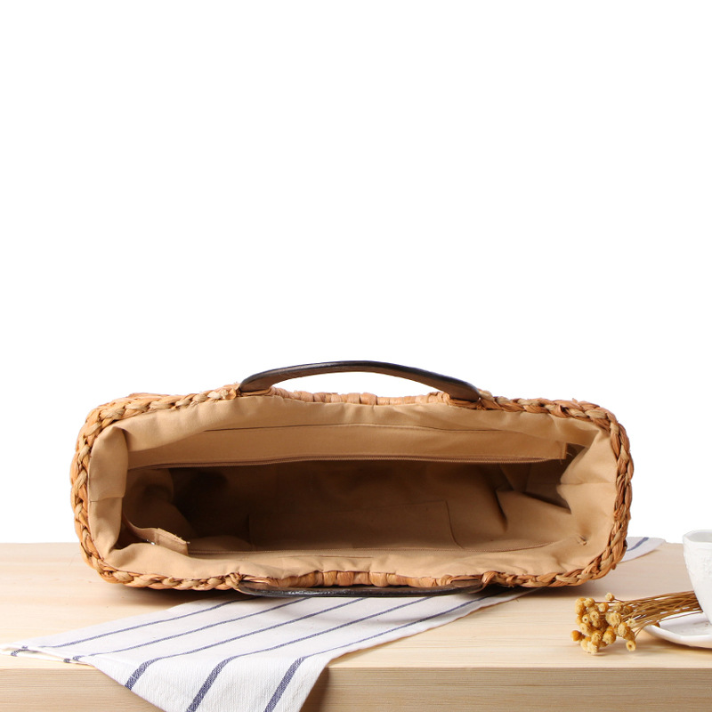 Bohème femmes sac à main à la main sac de paille naturel tissage été plage sacs rond manche en bois femme sac fourre-tout panier