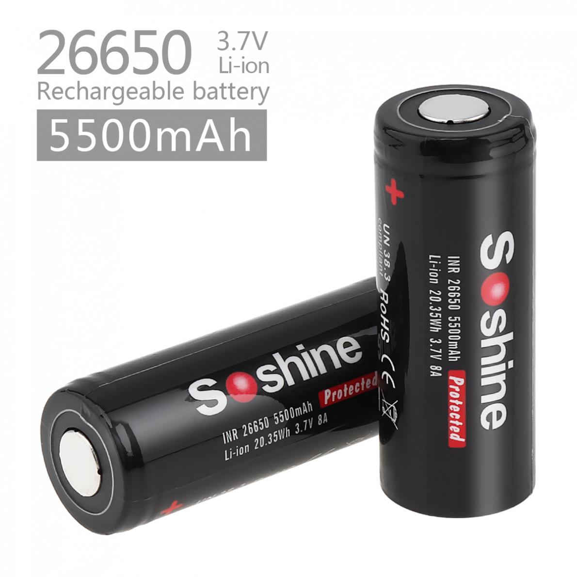 2 uds Soshine 3,7 V 5500mAh gran capacidad 26650 Li-ion batería recargable con PCB protegido para linternas/faros LED