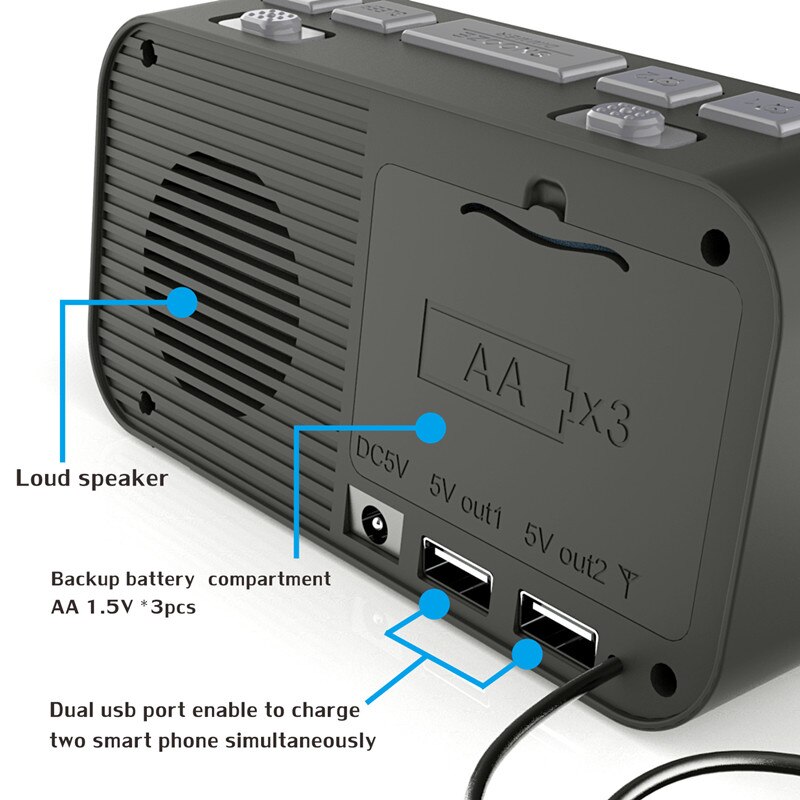 Dab/Fm Wekker Radio, Groot Scherm, Dual Wekkers, dual Usb Mobiele Telefoon Opladen Gaten, Verstelbare Display Helderheid