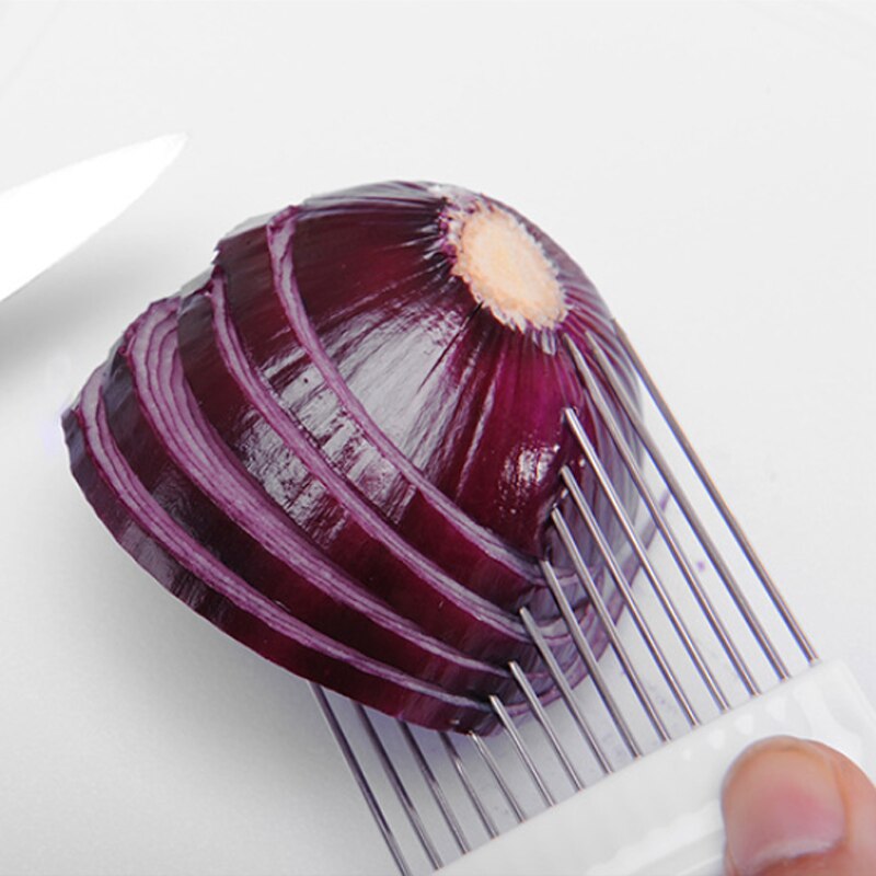 Stainless steel onion slicer kitchen tool onion fork meat pine needles fruit vegetable slice fixing tool with protective cover