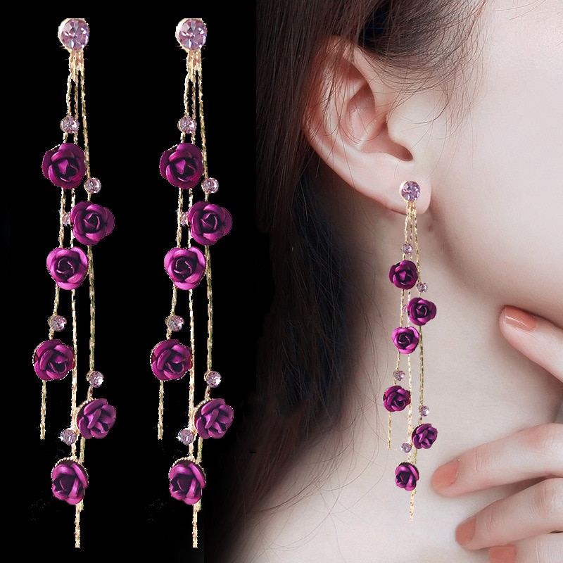 Korean Temperament Long Tassel Pendant Earrings Exquisite Simple Purple Rose Flower Earrings Female Jewelry