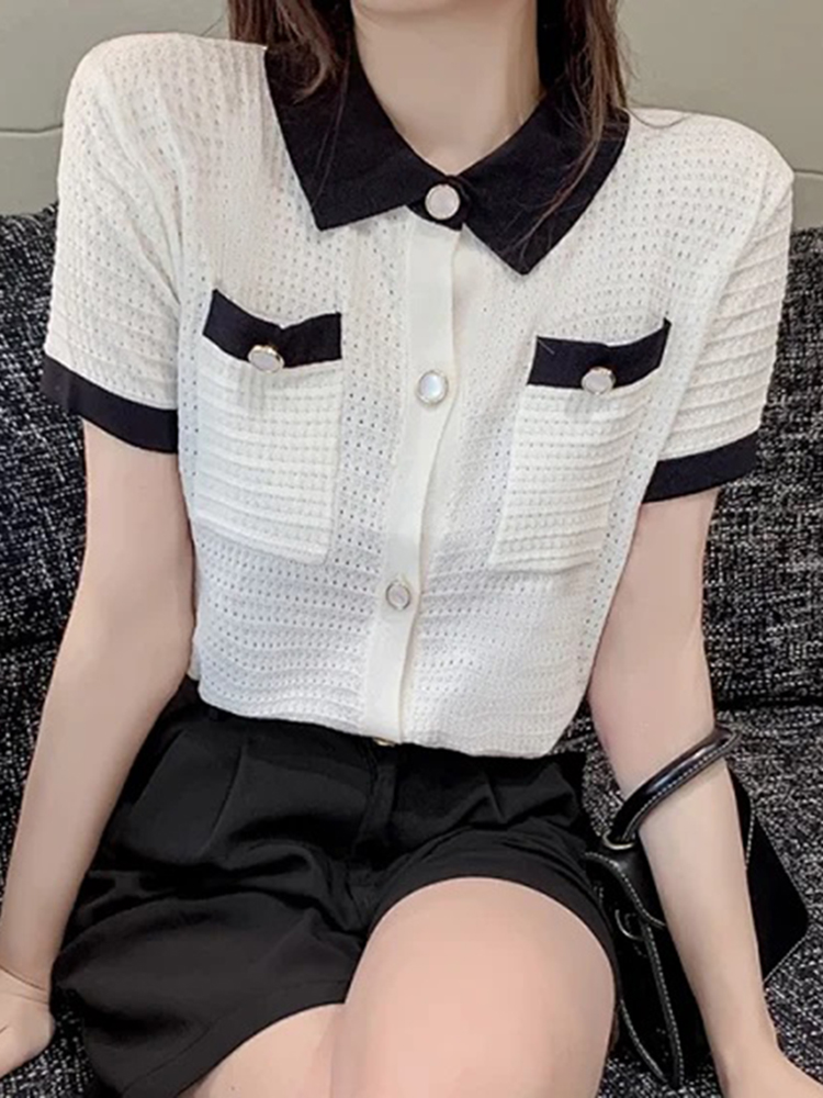 Sommer koreansk tøj kortærmet dame t-shirt med nedadgående krave grøn cardigan dame strikket top camisetas mujer