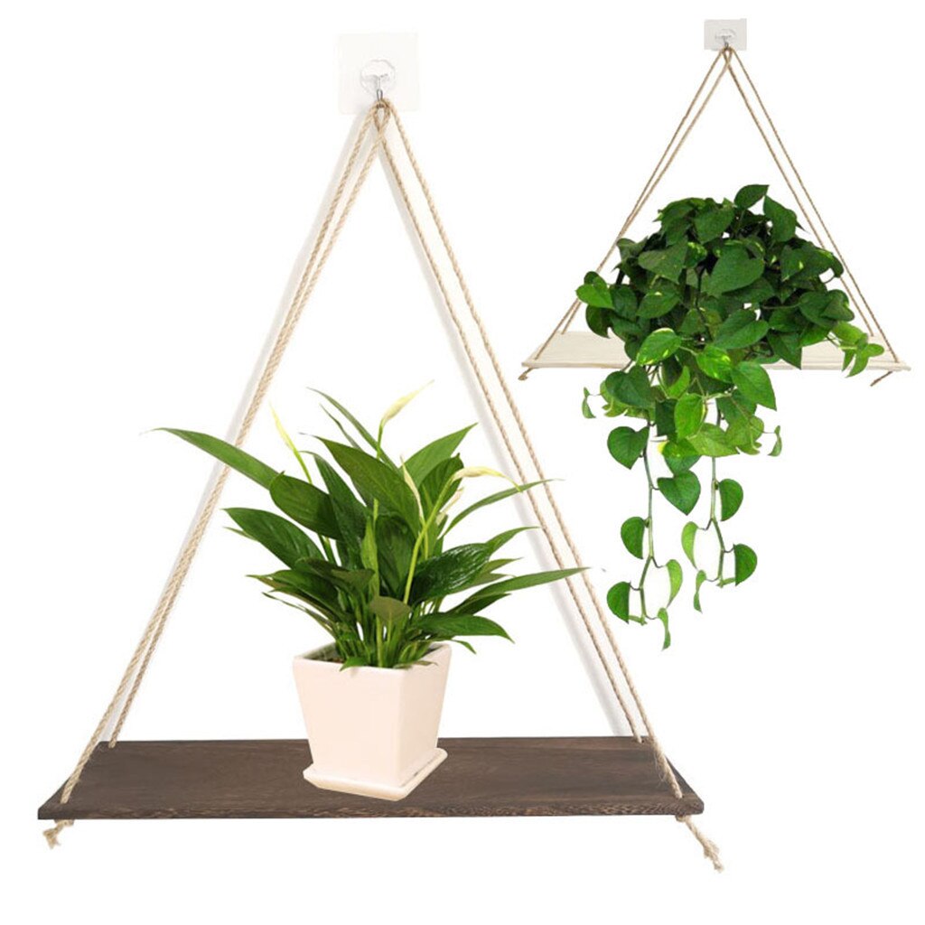 Premium træ sving hængende reb vægmonterede flydende hylder plante blomsterpotte indendørs udendørs dekoration enkel  #50