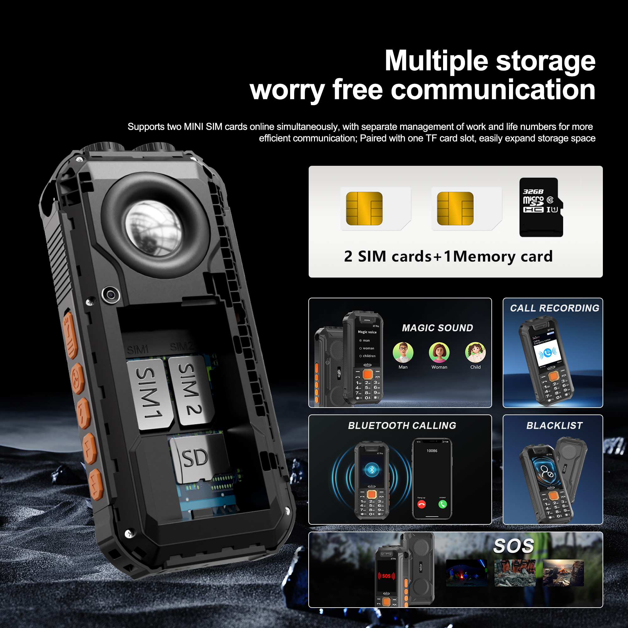 Servo x7 pro mini ventilador do telefone móvel lanterna dupla magia chamada de voz gravação sos power bank rádio fm 2.8 "tela 2sim celular