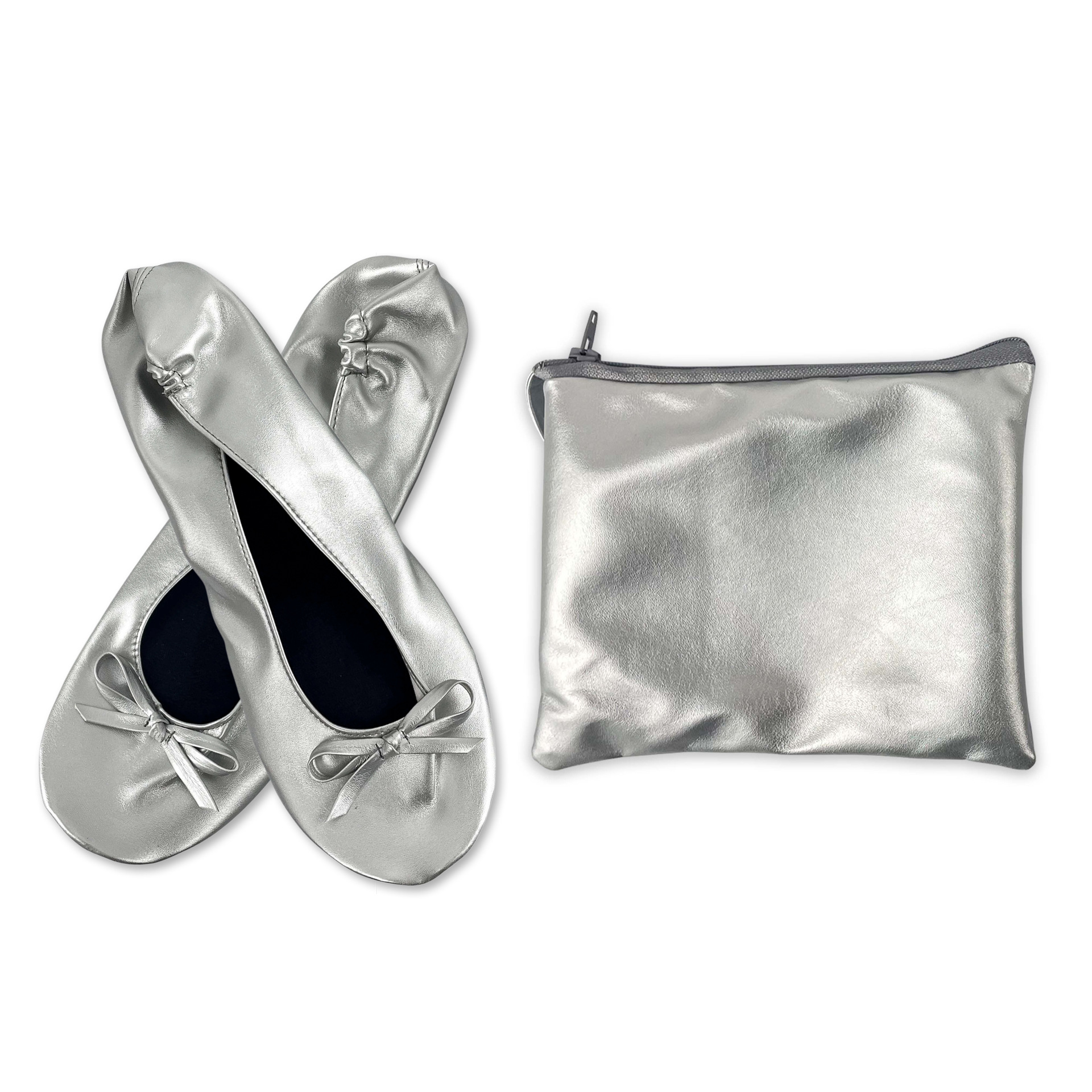 Ballerine portatili pieghevoli da donna per uso interno Pantofole arrotolabili, comode confezionate, con borsa, per matrimoni in viaggio: Argento / 36-37