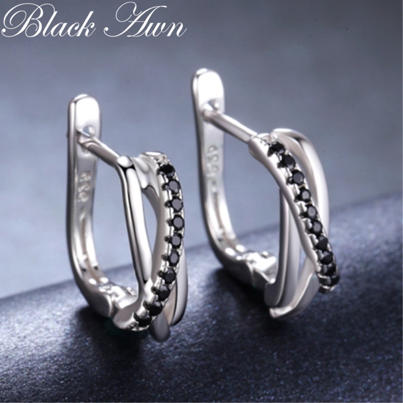 Classic Genuine 925 Sterling Silver Jewelry Black Spinel Stone Cute Stud Earrings for Women Bijoux Femme Boucles d'oreilles I023