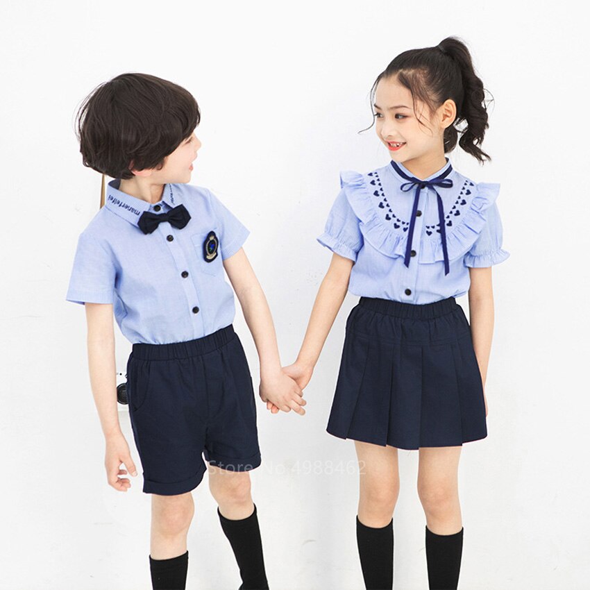 Summer Teenagers School Uniforms Girls Plaid Skirt Performance Costumes Kids Japanese Style Clothing Suit 2pcs Class Set Korean
