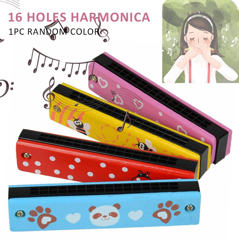 Houten Harmonica Speelgoed Muziekinstrument 16 Gat Cartoon Kleur Harmonica Mondharmonica Baby Vroege Onderwijs Speelgoed Voor Kinderen