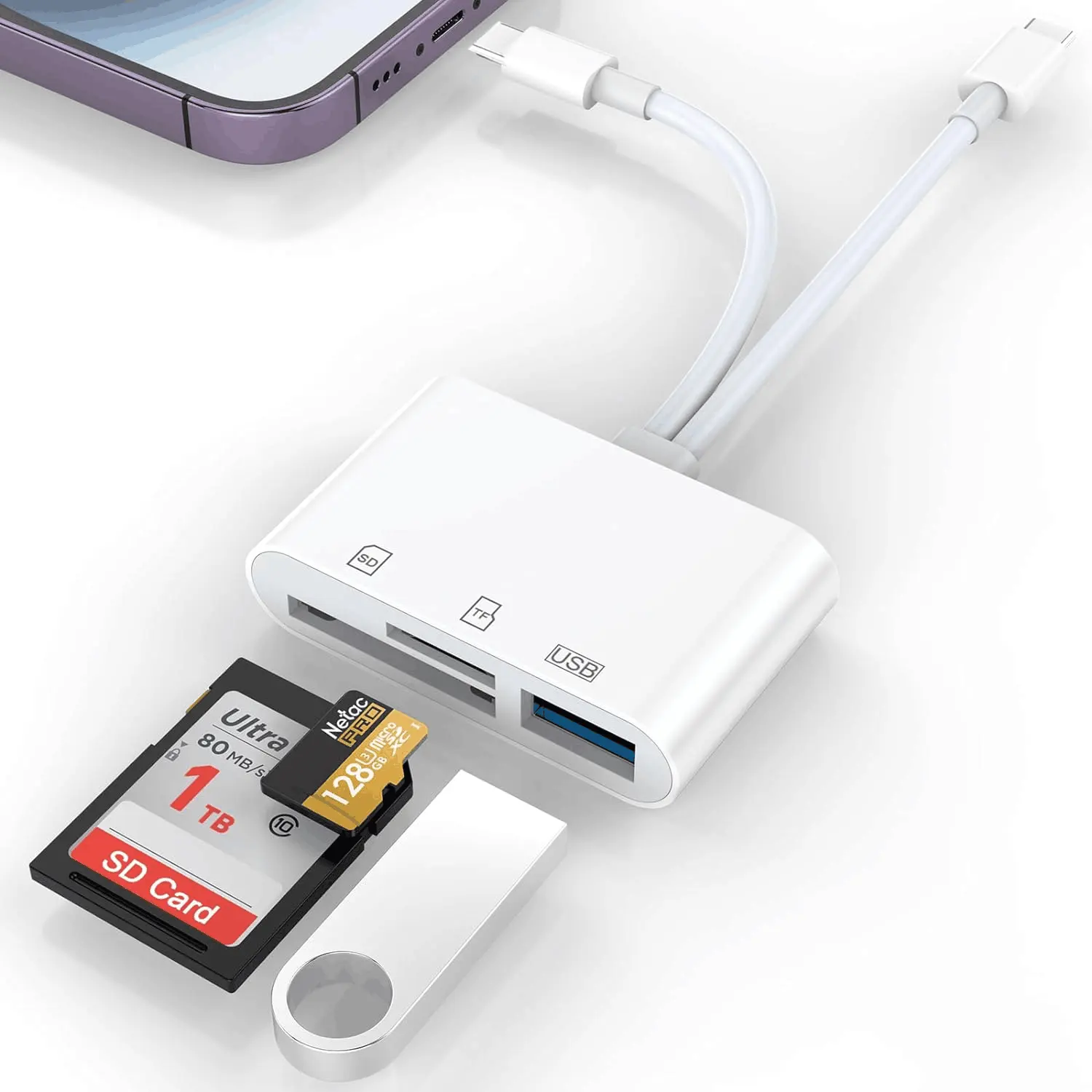 3-in-1 iPhone Type-C naar SD- en TF-kaart USB-cameraadapter, compatibel met iPhone en iPad, kaartlezer en USB-beveiligingssleutel
