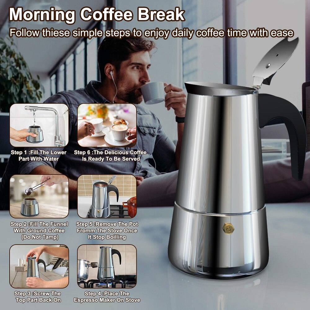 Moka Coffee Pot Espresso Latte Percolator Stove Coffee Maker Espresso Pot Italian Coffee Machine 200/300/450ml Stainless Steel