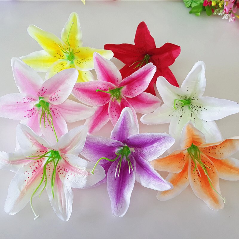 Flores de lirio artificiales de 13CM, cabezas de flores de seda, lirios de simulación, decoración de en casa, boda, manualidades de álbum de recortes, 10 unids/lote