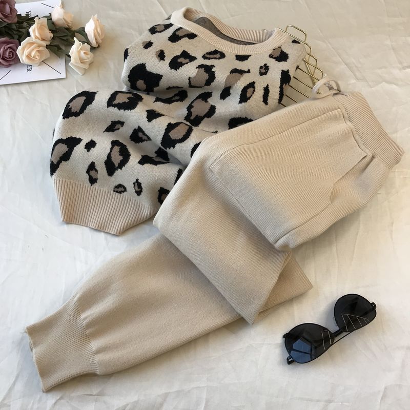 Amolapha dam stickad leopard pullover tröjor+byxor set kvinna jumpers byxor 2 st kostymer outfit