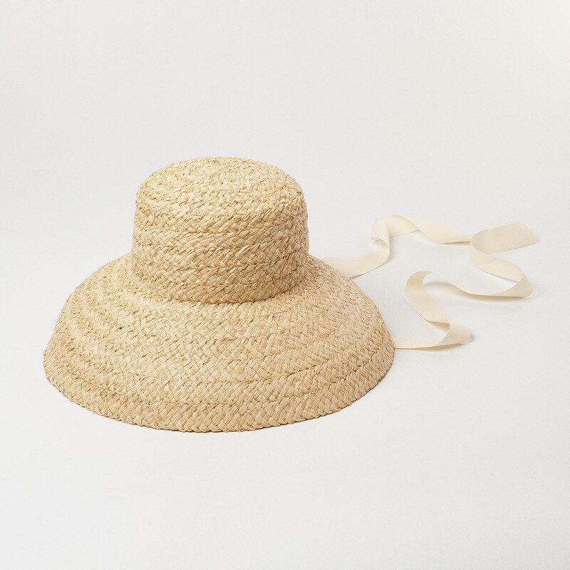 Retro flad top kvinder raffia sommer sol hatte håndlavet bandage strand hat engros 1125
