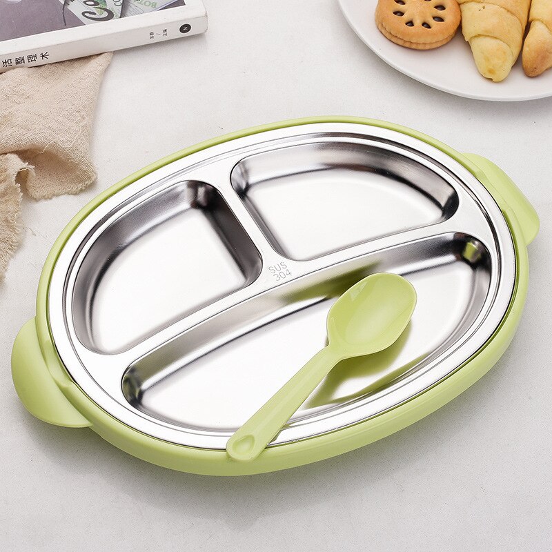 304 Stainless Steel Children's Home Dining Plate Cute Cartoon Tableware Partition Plate Baby Eating Partition Plate Fruit Plate: Green