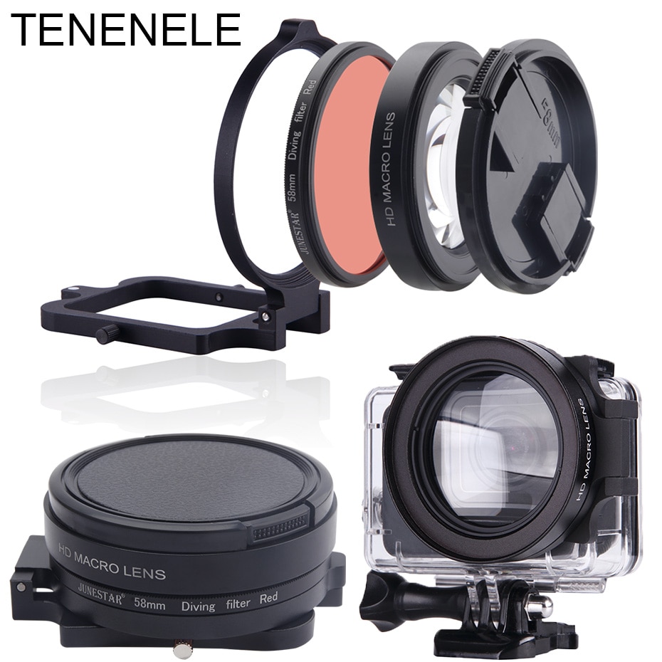 Filtros de cámara deportiva, 58mm, filtro rojo con juego de lentes Macro para GoPro Hero 6/5, filtros de cámara submarinismo negra para Hero