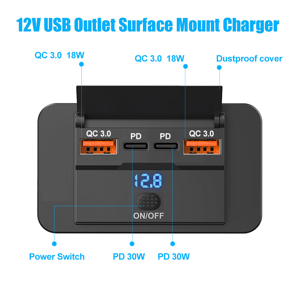 4-Ports PD QC3.0 Car Charging Splitter Outlet Car Charger Socket Adapter with Switch 12/24V for Car Bus RV ATV Truck Boat