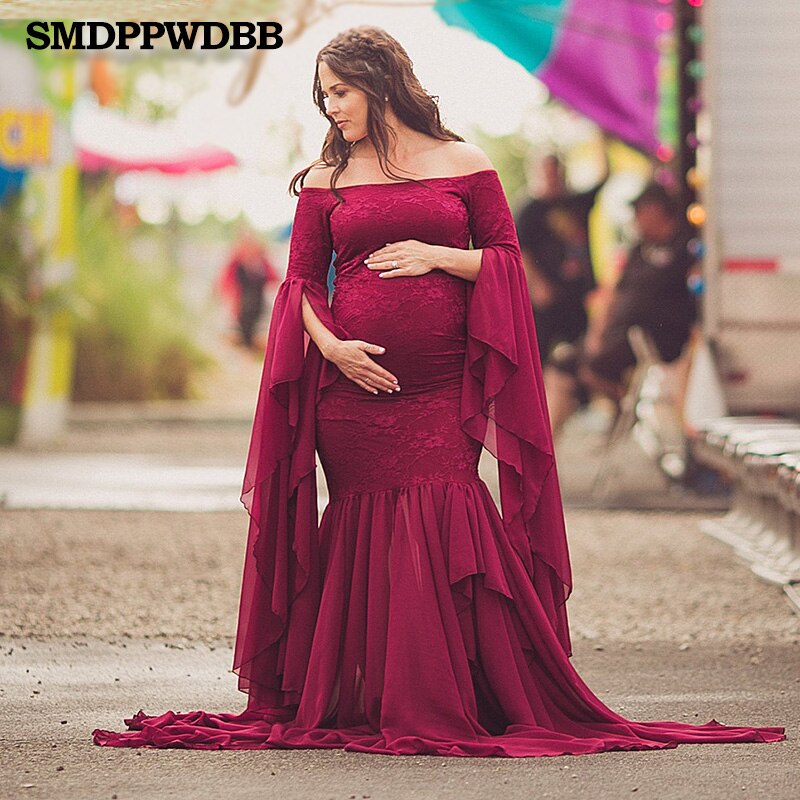 Förlossningsfotografering rekvisita mammaklänning fotografering sexig boho axellösa klocka ärmar maxi lång klänning gravid sjöjungfru: Vin, röd