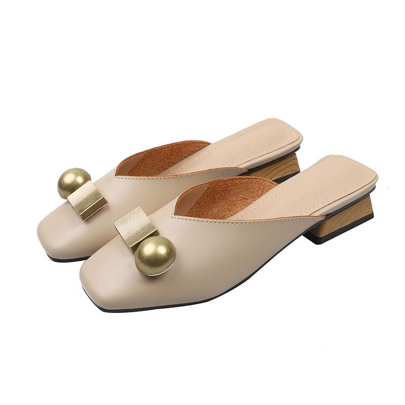 Femmes pantoufles sandales été en bois bloc talon sans lacet Mule talon chaussures décontractées métal boucle diapositives pantoufle