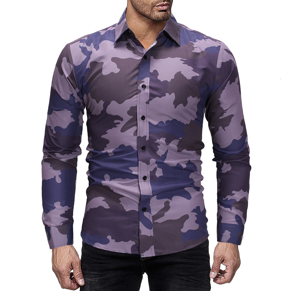 Efterår herre camouflage skjorter herre slim fit casual skjorte toppe mænd camo langærmet skjorte m -3xl: Lilla / Xxl