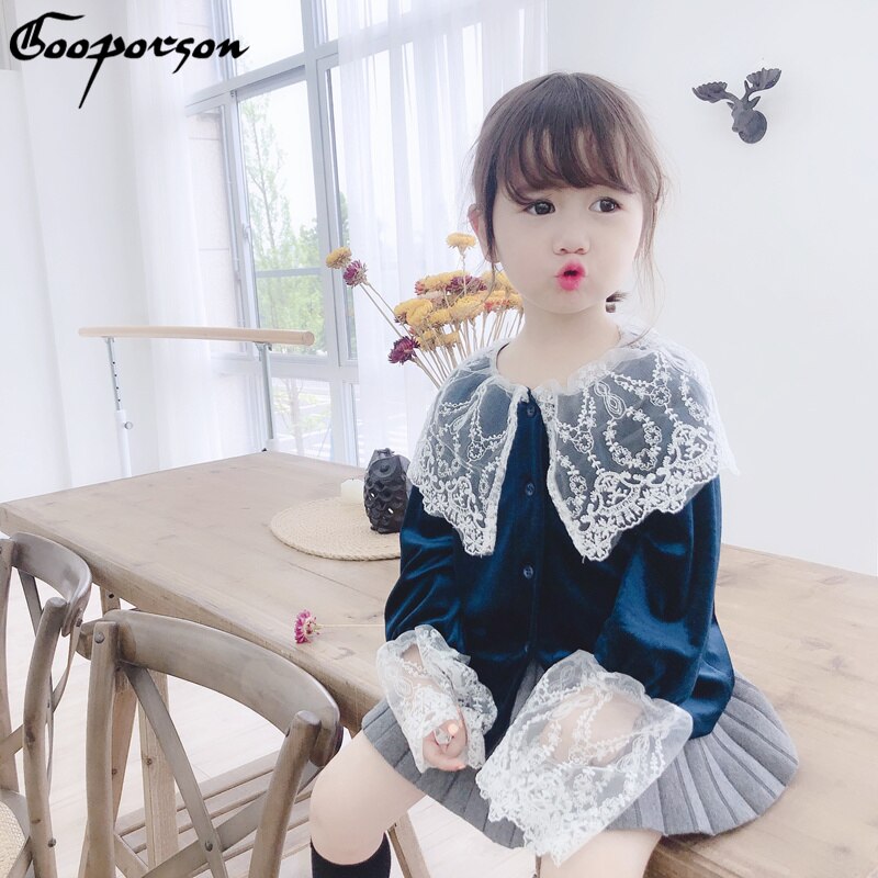 Hösten små flickor söta blusar spets blomma broderi flip krage koreansk baby höst sammet barn toppar söt tjej outfits