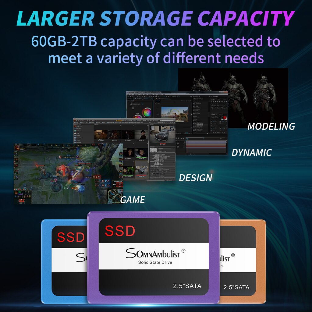 Disque dur SSD, 60 go, 2.5 pouces, interface sata 3, universel, tout-en-un, pour ordinateur de bureau, notebook, 120 go/240 go/480 go/960 go/2 to