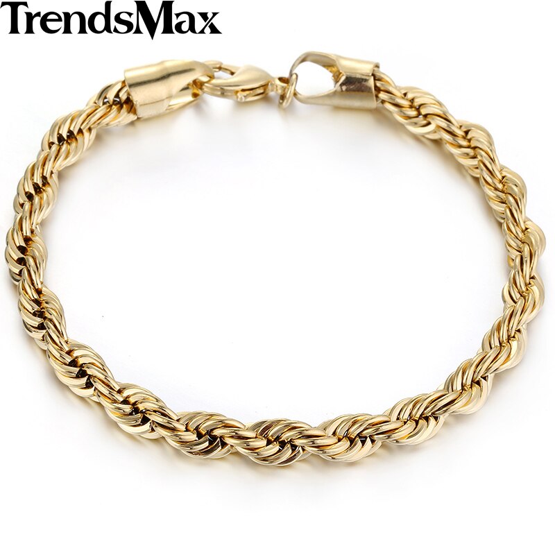 Trendsmax Touw Link Armband Mannen Vrouwen Gold Filled Armband Sieraden 4mm 19.5cm GB216