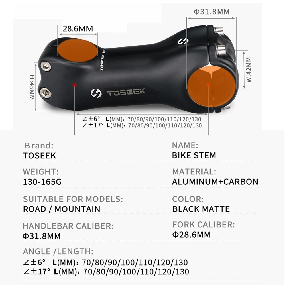 TOSEEK Super Light Full Carbon Fibre Bicycle Stem Bike Parts Matte Angle 6 / 17 Degrees Length 70/80/90/100/110/120/130mm