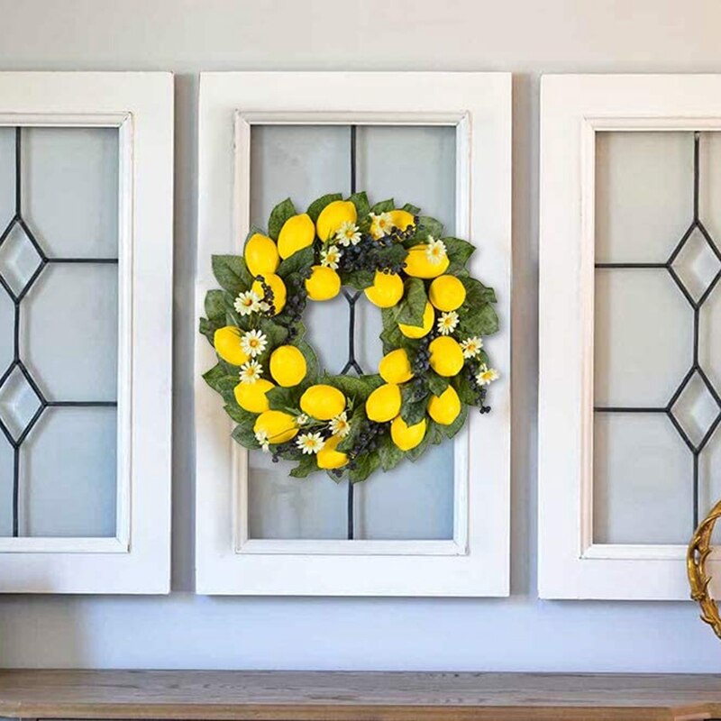 19.68 tommers vårfruktkrans med kunstige sitroner, blåbær og tusenfrydblomst, dekorativ krans til dør- eller veggdekor