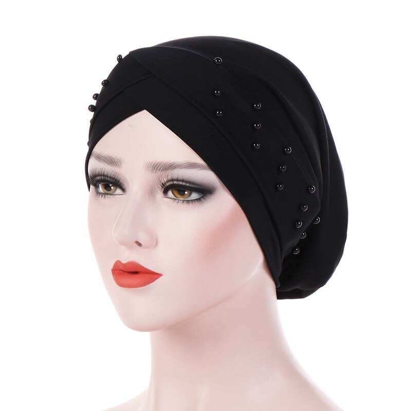cotton solid folds pearl muslim turban scarf women islamic inner caps Arab wrap head femme musulman turbante mujer: Black