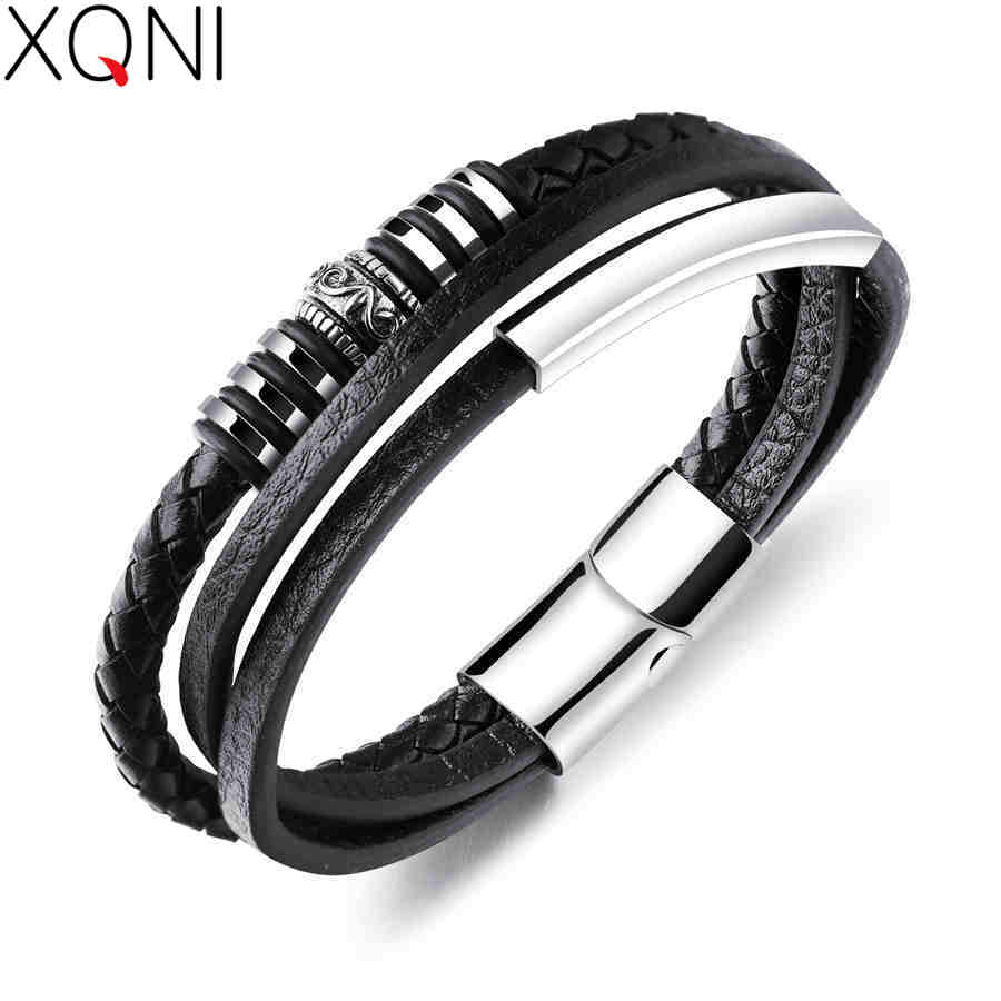 XQNI Top Mans Lederen Armband Roestvrij Staal Zwarte Kleur Magneet 200mm Accessoires Sieraden Voor