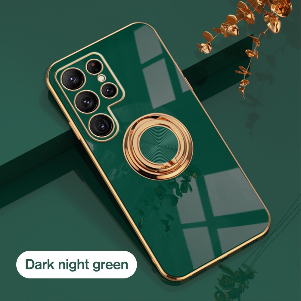 Luxury Plating Protector Case For Samsung Galaxy S22 Ultra S22Ultra S22Plus S 22 Car Magnetic Stand Shockproof Back Cover Coque: For S22 / Dark Green 2